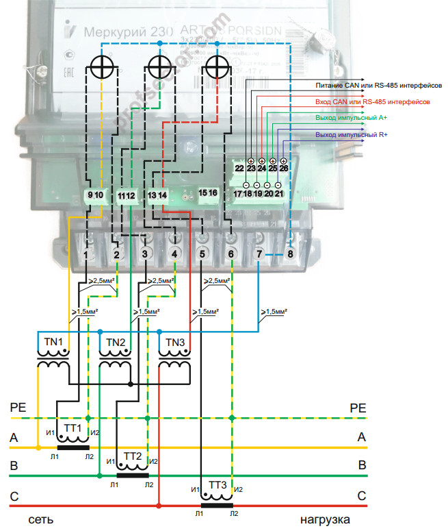 Косвеннное подключение 3-фазного электросчетчика TNS