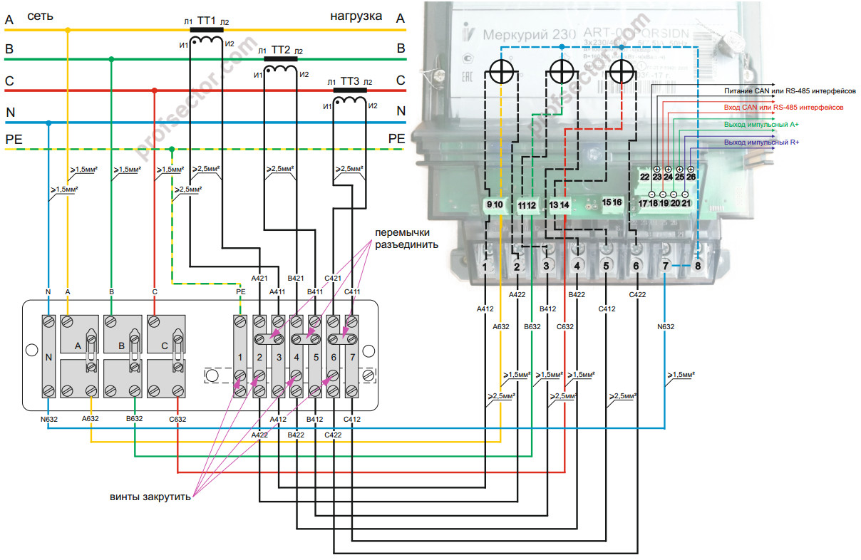 Полукосвенное подключение 3-фазного электросчетчика TNS 10-проводная