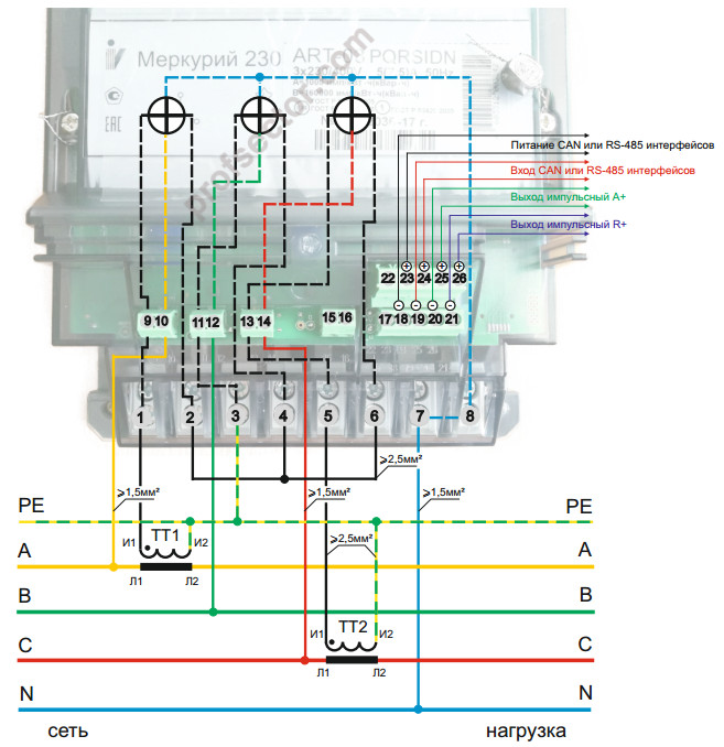 Полукосвеннное подключение 3-фазного электросчетчика TNS 2 трансформатора